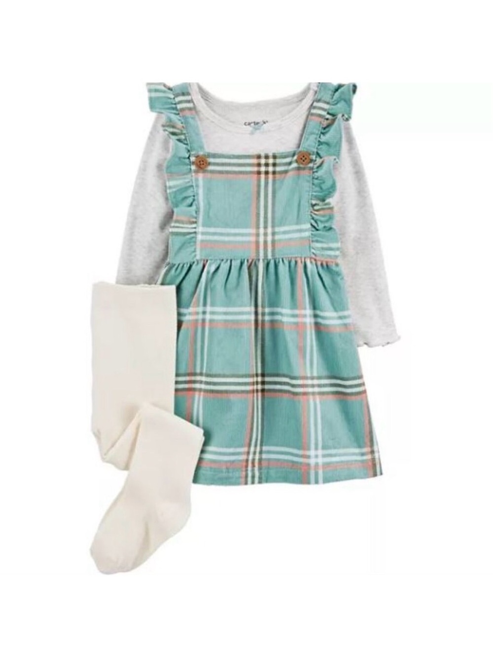 24 Months Carter's Mint Plaid Ruffle Pinafore Dress with Cream Tights